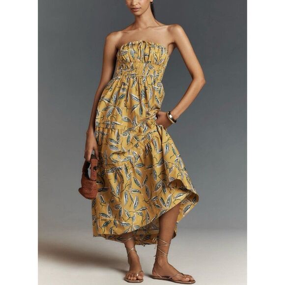 Anthropologie Dresses & Skirts - Anthropologie Yellow Strapless Floral Midi Dress